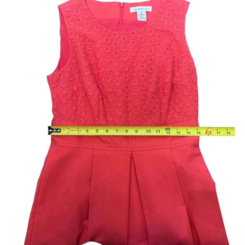 Liz Claiborne Coral Pink Eyelet Lace Fit & Flare Dress Sleeveless Pockets Size 6